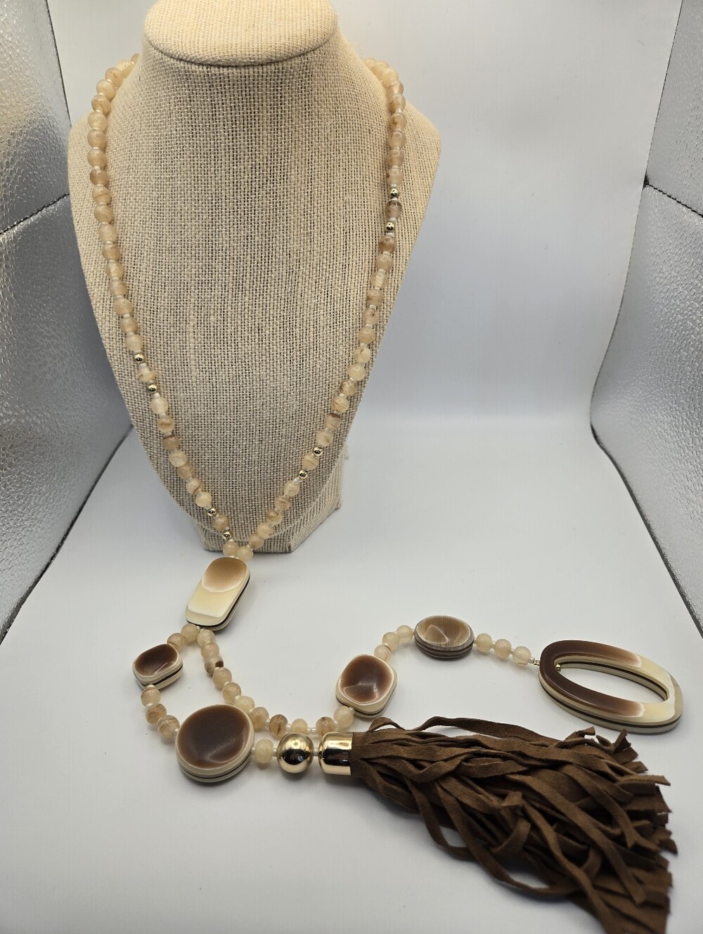 NWT Chico's Perci Travelers Y-Necklace Brown Beige Lucite Faux Suede Tassle